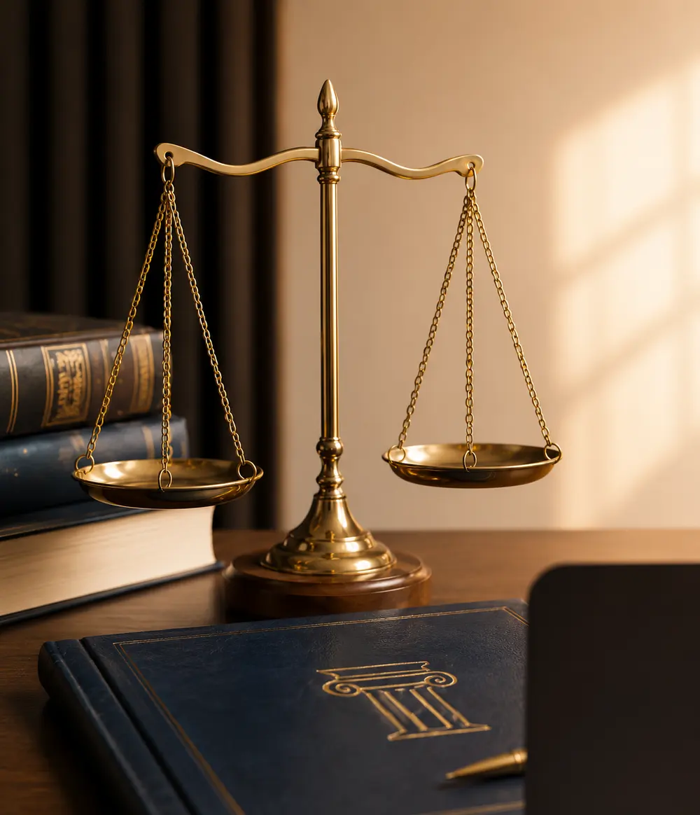 Balança da Justiça dourada sobre uma mesa de madeira, ao lado de livros de Direito