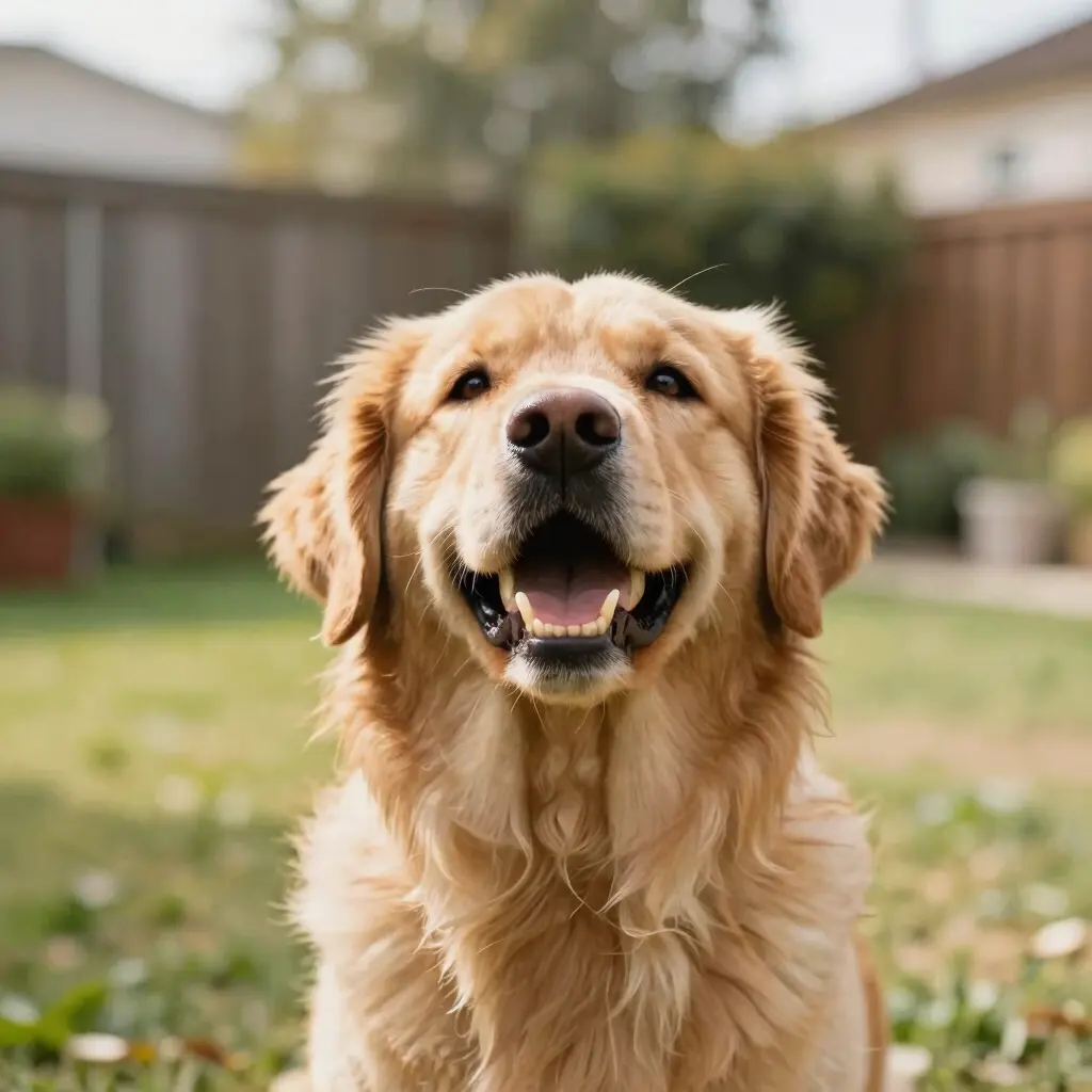 Cachorro golden retriever sorridente sentado em um quintal