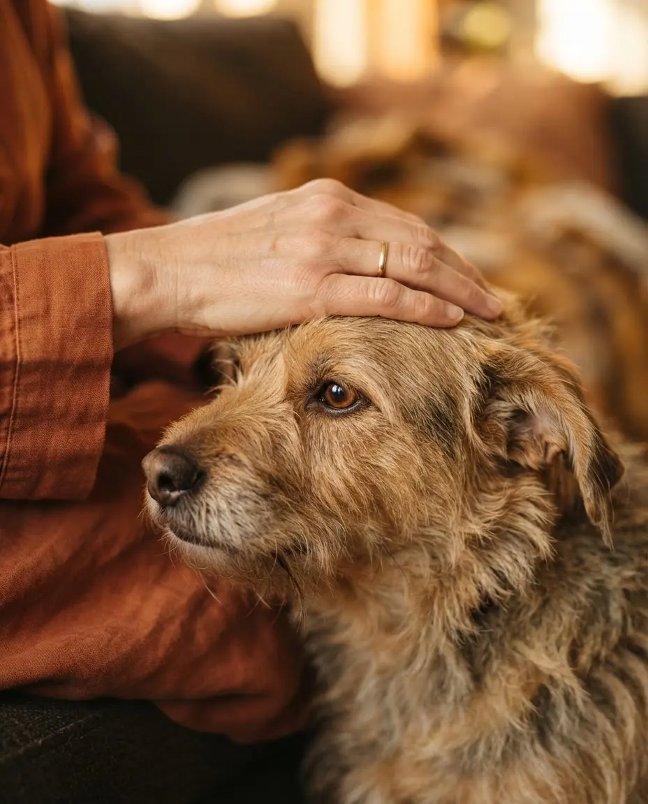 Mão fazendo carinho na cabeça de um cachorro resgatado